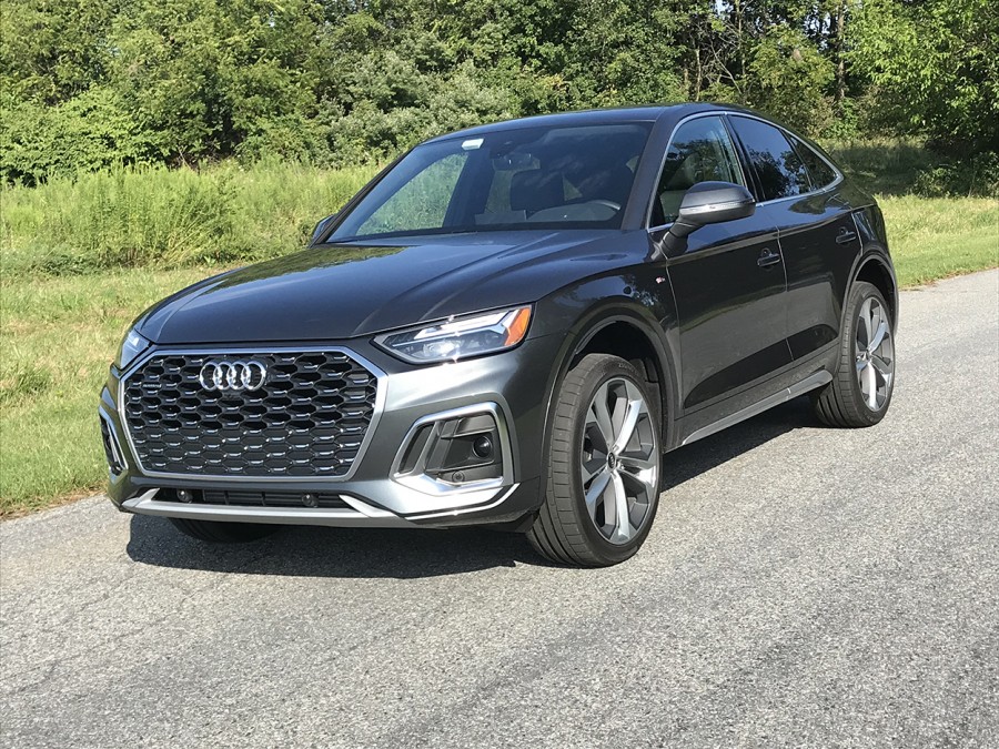 Audi’s Q5 Sportback AWD crossover has a coupe-like design that gives the impression its going 55 mpg standing still